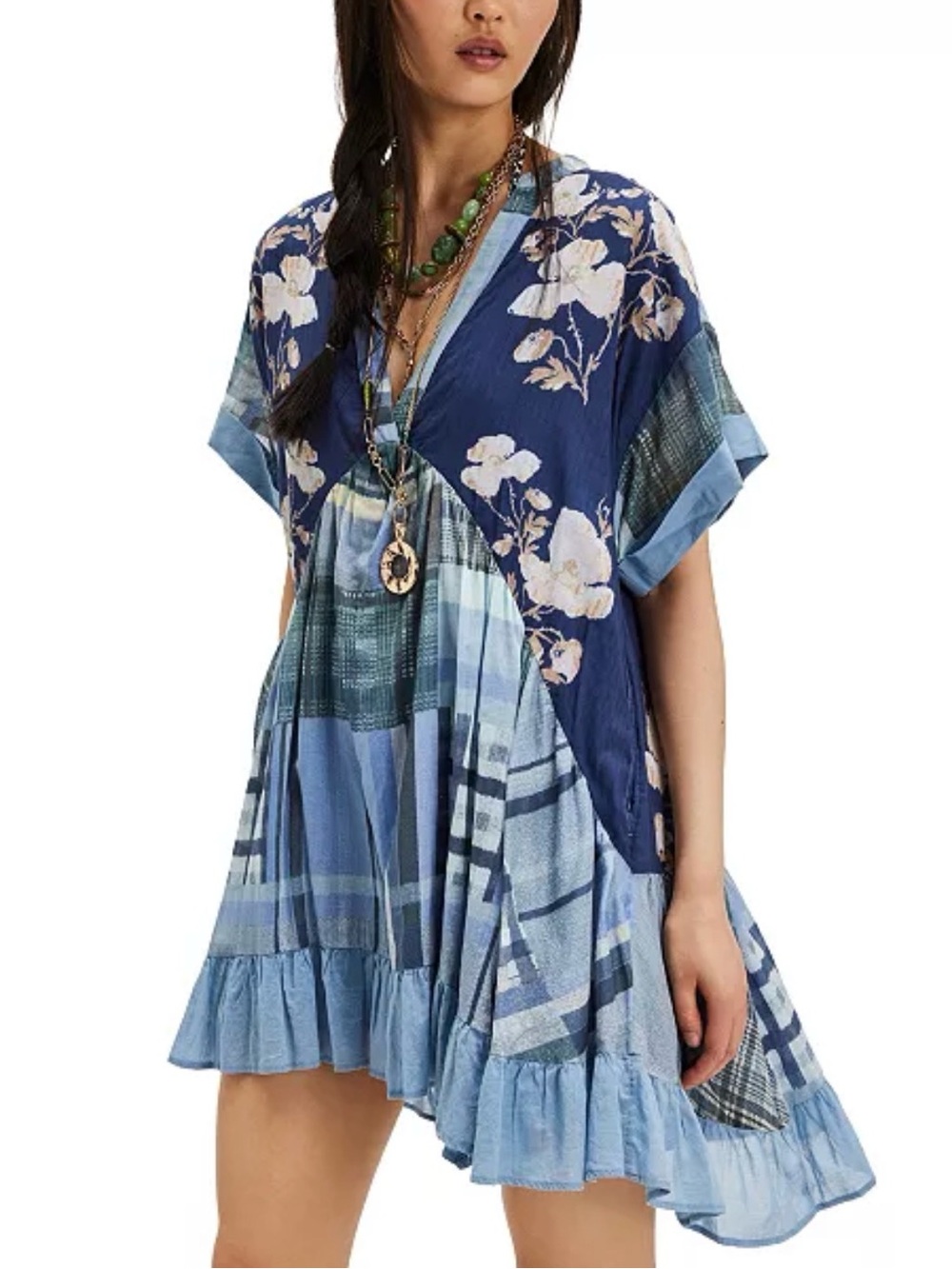 Free People Women's Agnes Printed V-Neck Cotton Oversized Dress in size S